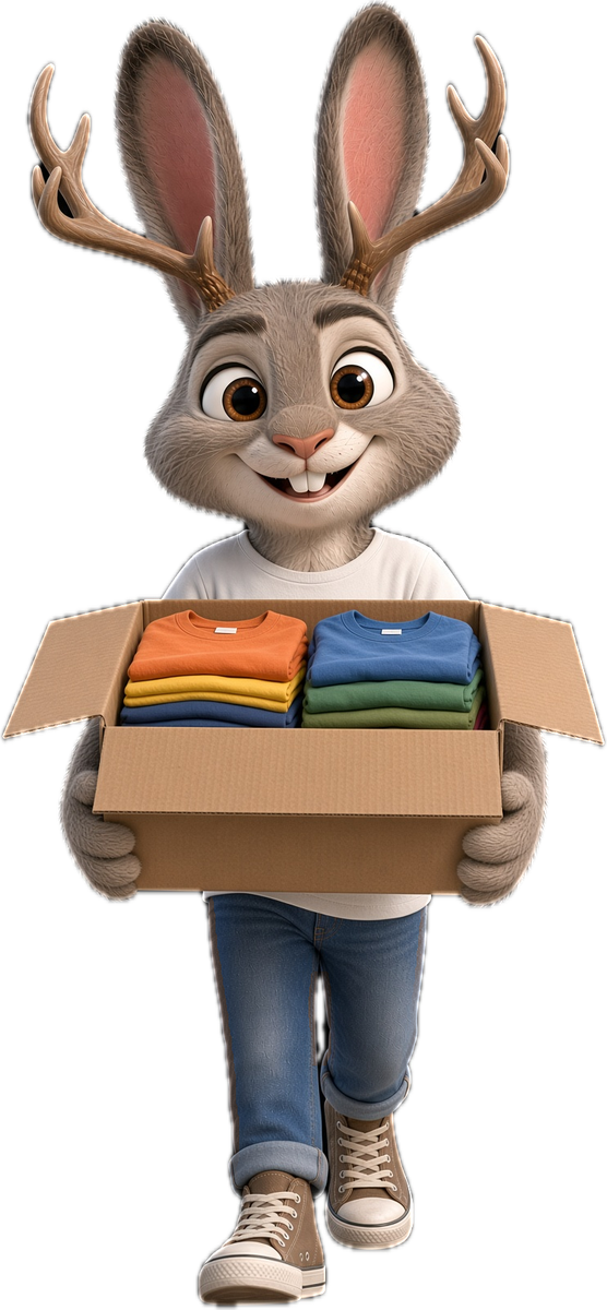 Jack, the Print Hybrid jackalope, carrying a box of finished shirts
